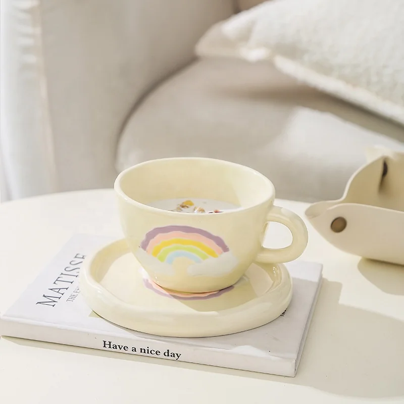 Creative Hand Pinched Ceramic Coffee Cup And Saucer Set Exquisite Porcelain Tea Mug For Daily Use With Handle Rainbow Pattern