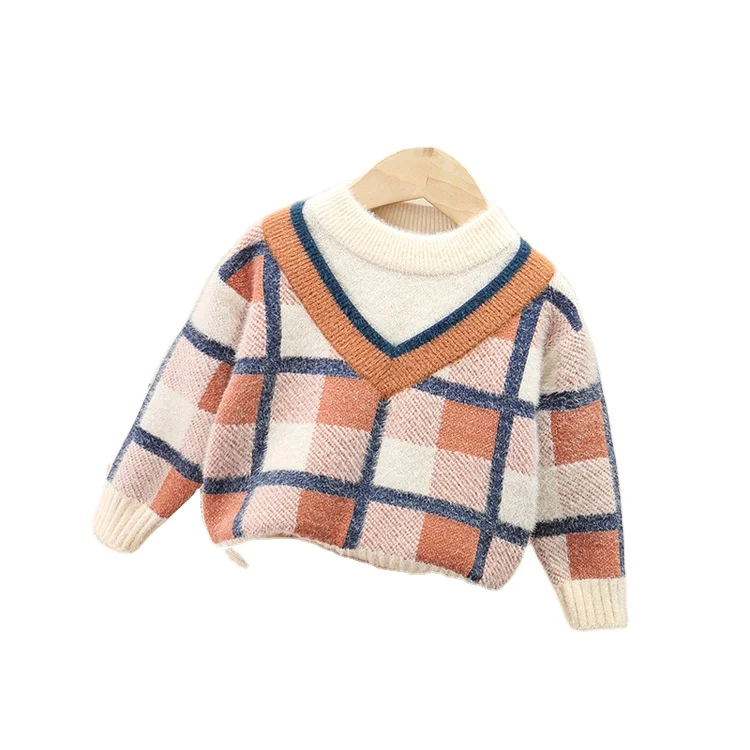 
KBEc94007 Autumn and winter children clothing children sweater crewneck plaid pullover warm sweater 