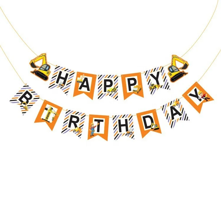 TS hot sale 4 models construction vehicles theme party banner Dump Truck Excavator Happy Birthday hanging paper letter Banner
