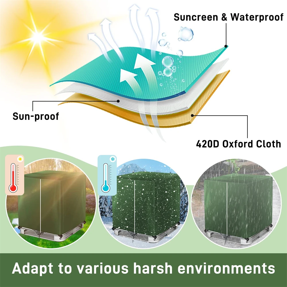 BEELAND 1000L Outdoor Rain Barrel Water Tank Cover 275 Gallon Green Zipper IBC Tote Cover With Zipper