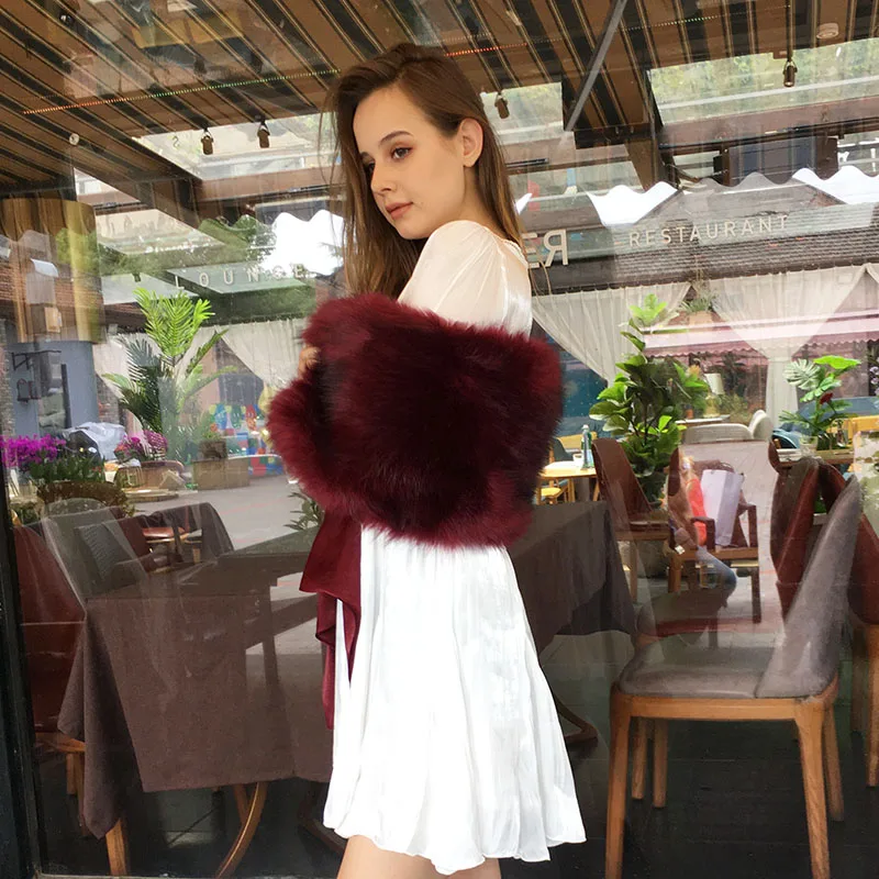 Fashion lady fake fur shawl fox cloak red faux fur shawl silk scarf tie