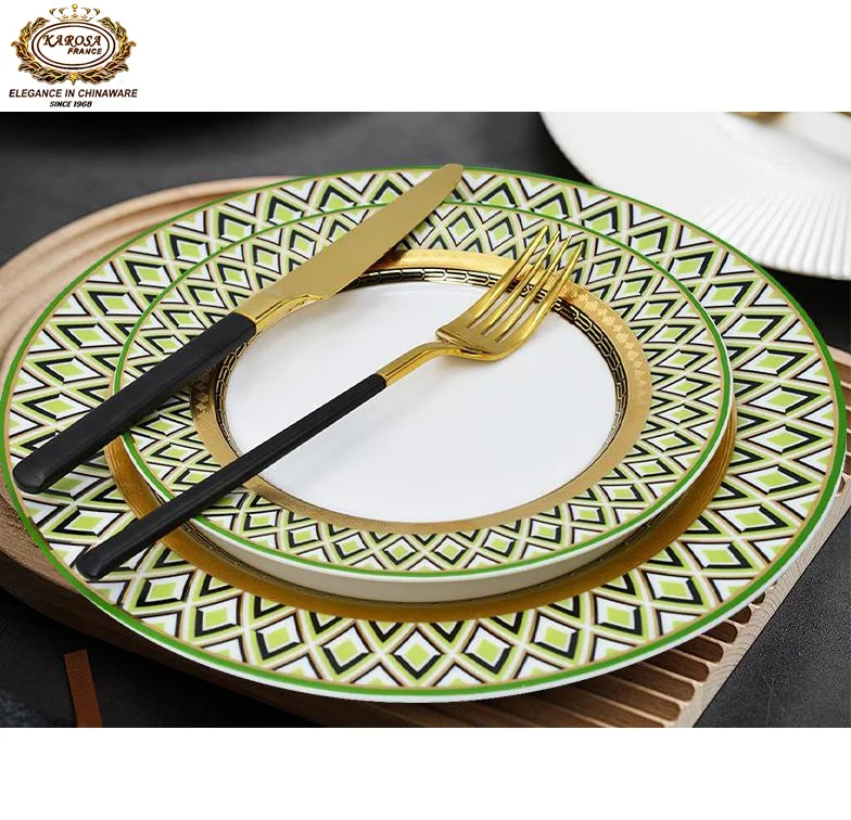 2PCS elegant green color classical bone china porcelain10.5inch with 8inch gold rim  Europe dinner dish plate sets