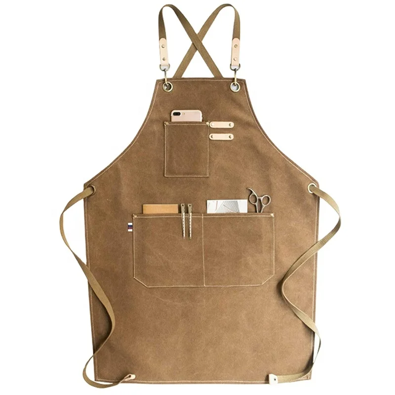 Unisex Long Cotton Logo Canvas Barber Apron Back Adjustable Tool Pockets Adjustable Bib Apron Wood Working Garden Apron