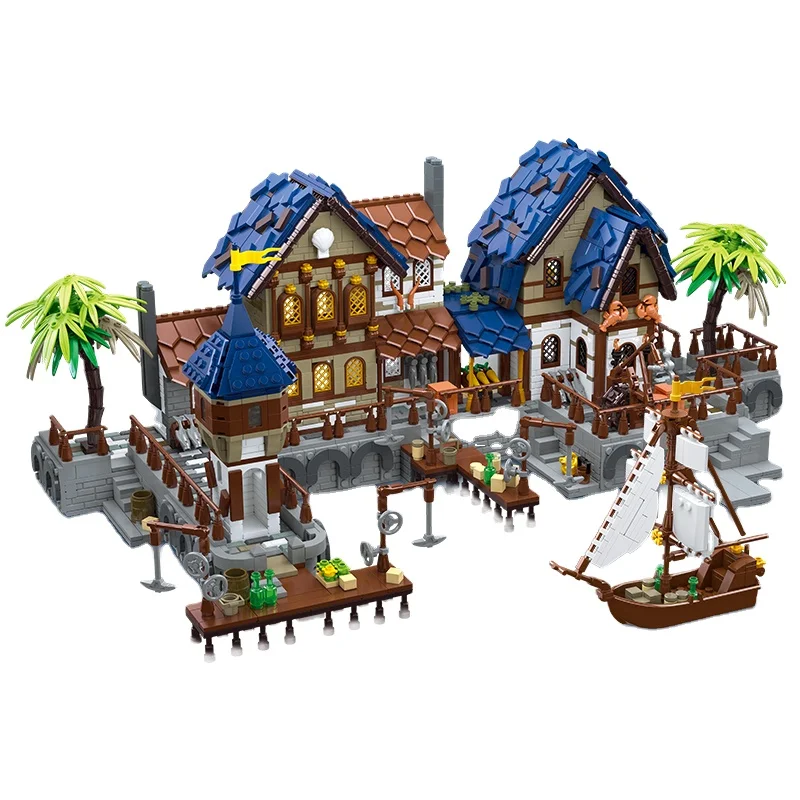 Игрушки 2979 шт. светящиеся средневековые Harbour Port House Модель уникального строительного блока 2023 большой набор для детей взрослый подарочный