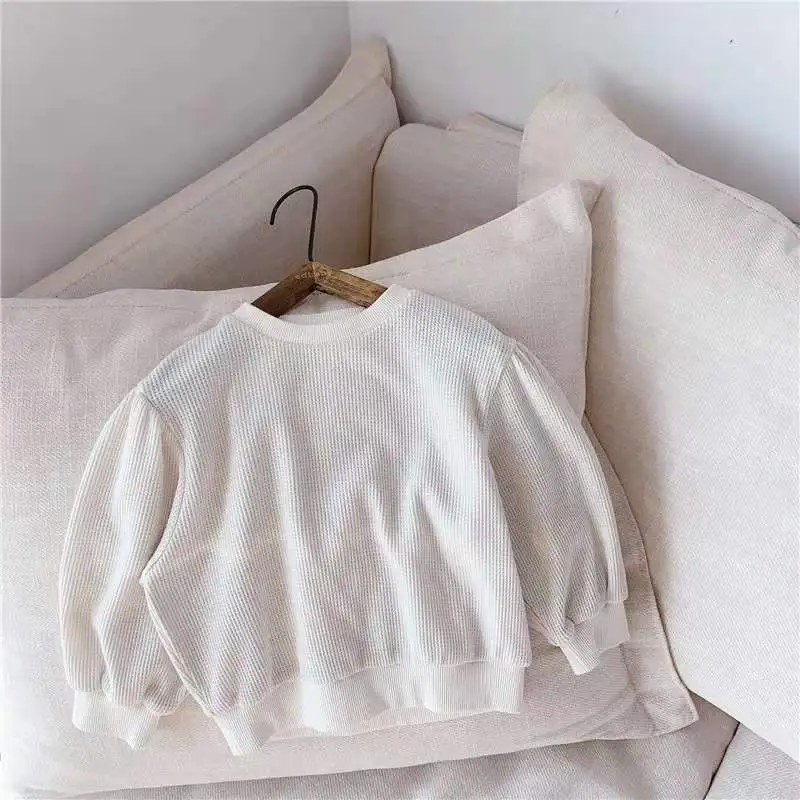 
Boutique puff sleeve kids tops waffle cotton toddler girls pullover sweatshirts 