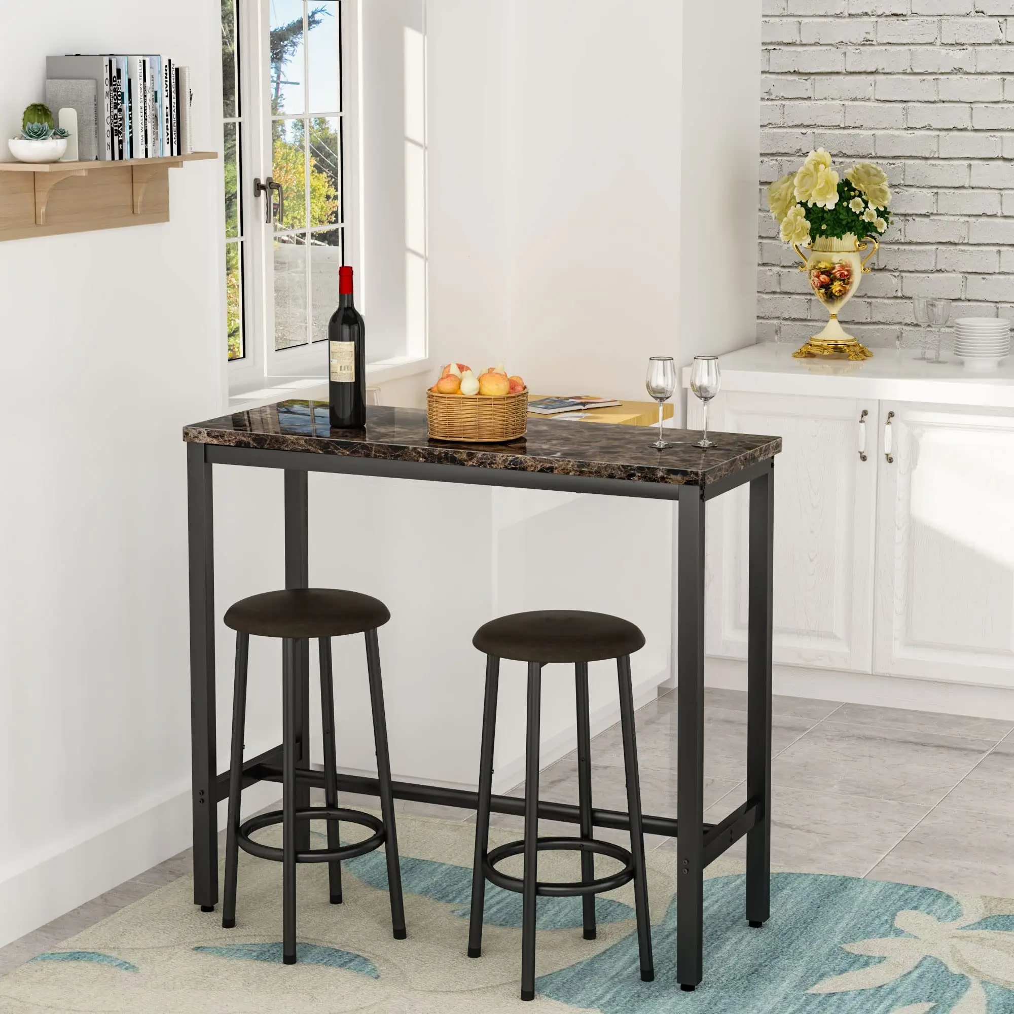 Bar table set of 2 space saving home and kitchen tables with storage racks, 2 upholstered counter height chairs