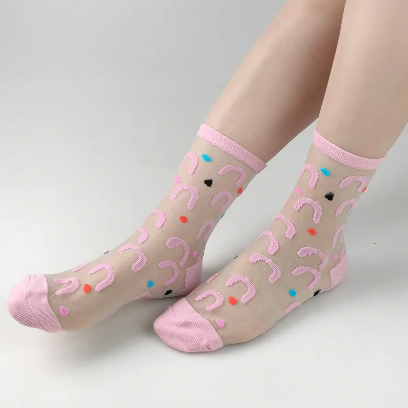 Women Summer Nylon Sheer Silk Colored Socks Women Crystal Silk Thin Transparent Fashion Sheer Mesh Crew Socks