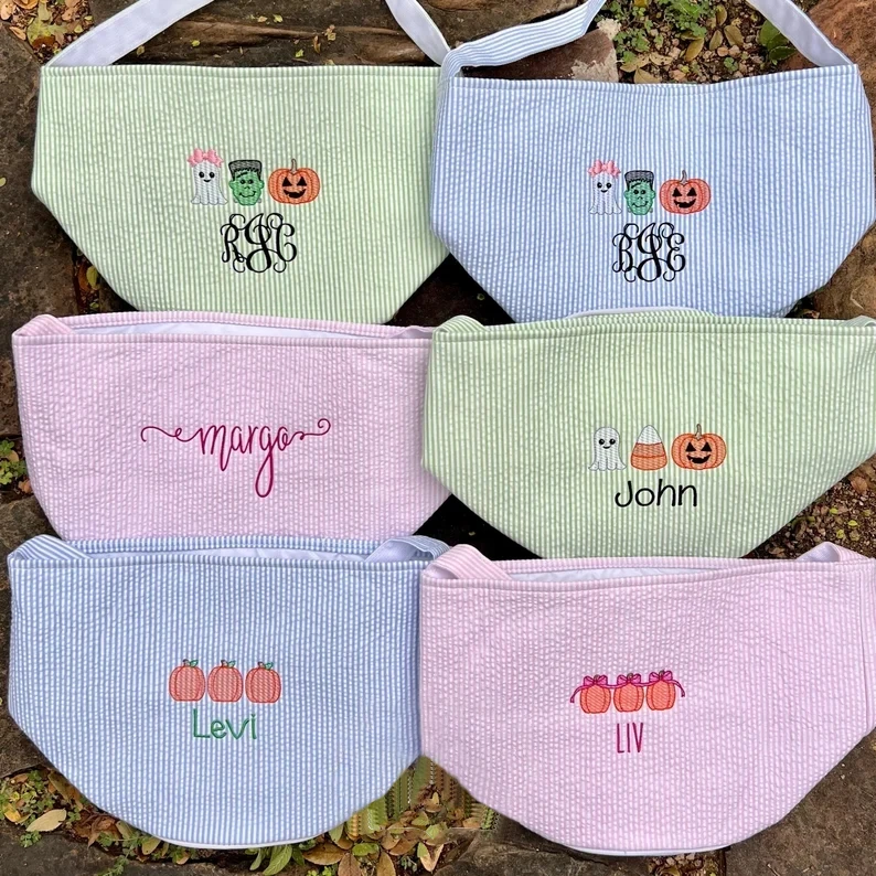 Monogrammed Trick or Treat Bag Seersucker Halloween Tote Bag For Kids Halloween Basket