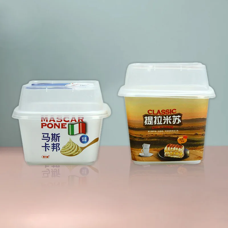 White PP Cups with Sealing Films Printed  Cup Casual food and square ice cream Cup Lids   container