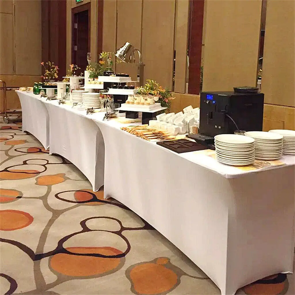 Изготовленный на заказ черный выставки лайкра спандекс покрытие стола пледы узские растягивающиеся бар скатерть для прямоугольных столов украшения 6ft 8ft