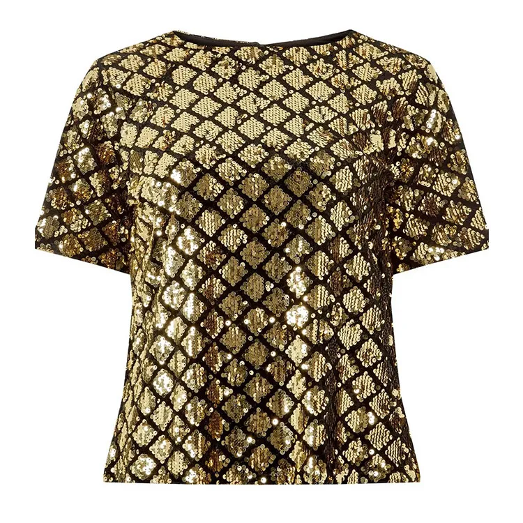Custom Womens Gold And Black Diamond Sequin Top Women Short Sleeve Round Neck Clothing Women Blouse