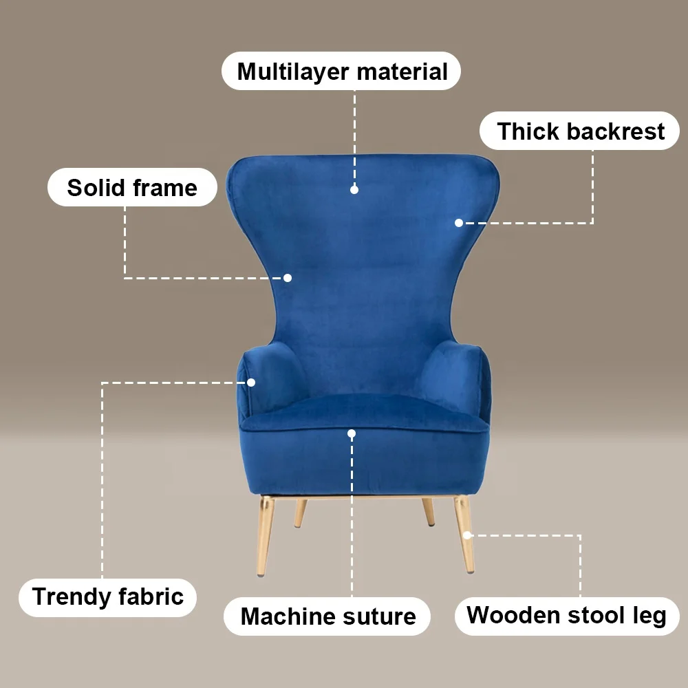 Wholesale Modern Luxury Stainless Steel Legs Upholstered Wing Back Chair Velvet Armchair High Back Chairs For Living Room