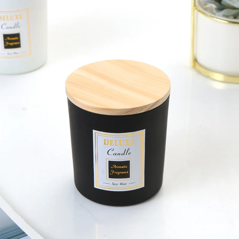 Luxury private brand 6 oz cylinder black frosted candle jar promotion with wooden lid empty candle jar