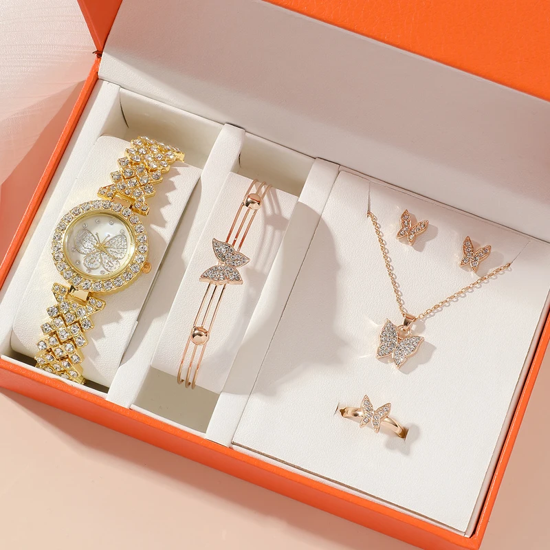 Fancy Ice Out Shiny Diamond Butterflies Ring Earrings Necklace Bracelet Watch Gift Set For Women