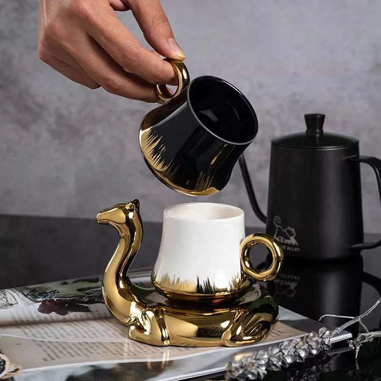 YABEICHU creative 6 cup 6 saucer 120ml ceramic electroplated tea coffee cup and saucer set with gift box