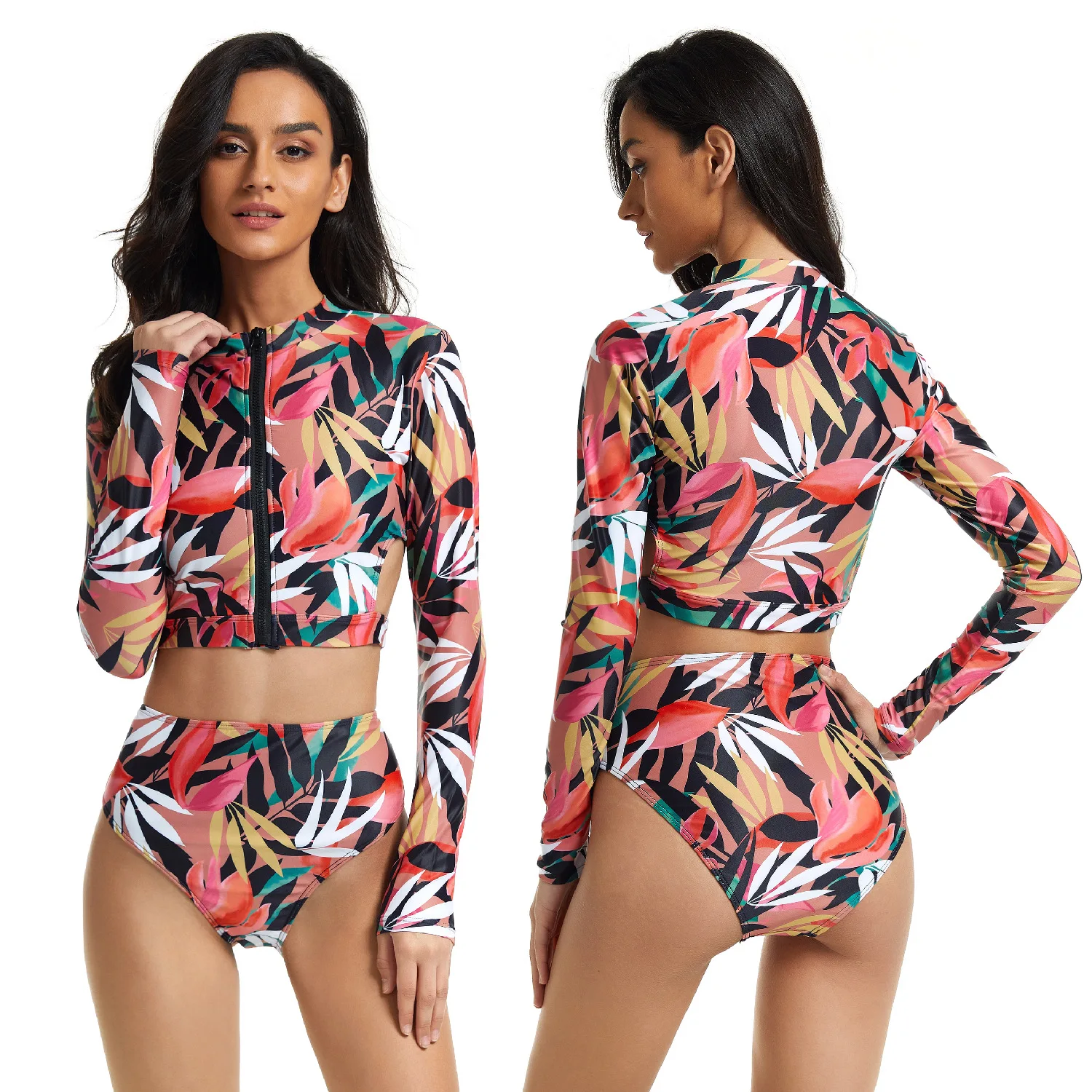 Womens Active Two Piece Crop  Long Sleeves Rash Guard  UPF 50 Sporty Floral Sexy Beachwear Swimsuit