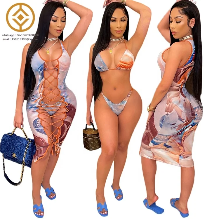 Ladies Sexy 3 Piece Bathing Suits Woman Lace Up Bra Cover Up Beach Dress Briefs Swimwear Women String Bikini Sets Beachwear