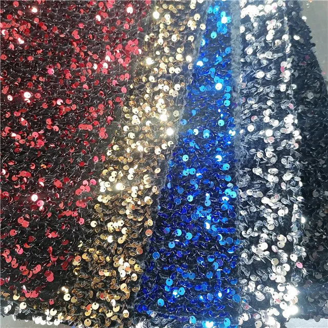 China manufacturer high grade luxury polyester spandex knitted italy black gold beaded embroidery velvet fabric for cloth