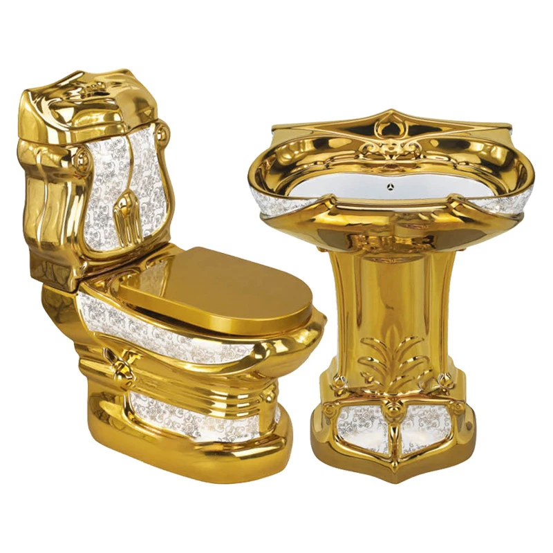 European luxury vintage golden color bathroom sanitary ware wc ceramic dubai gold toilet bowl and wash basin sinks two piece set