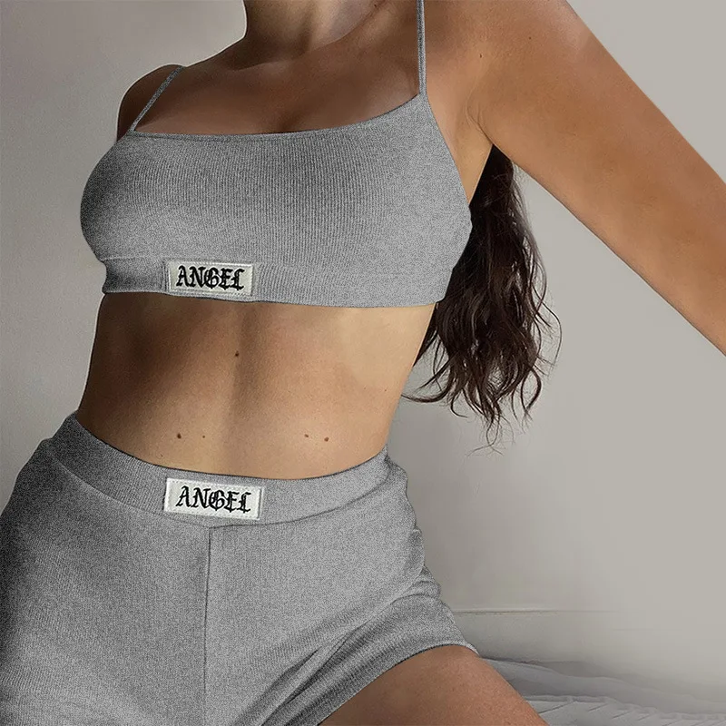 2022 Cotton Home Suit Gothic Angel Letter Embroidery Women Pajamas Streetwear Gyms Two Piece Set Crop Top Camisole Sporty Shorts