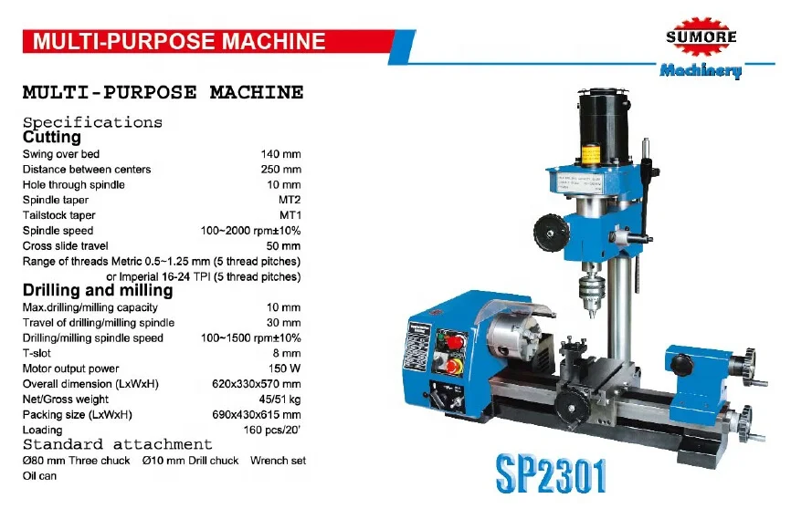 Sumore Combination Bench Lathe Machine SP2301 Combo 3 in 1 Turning Milling Drilling Machine Lathe