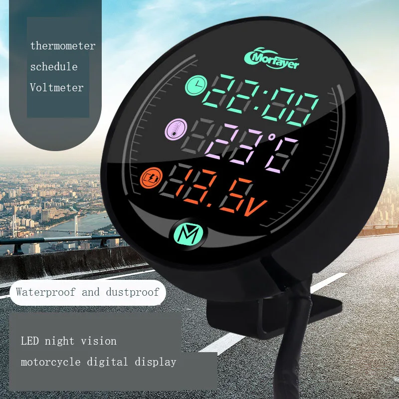 Motorcycle Voltage Time Temperature Four-In-One Digital Display Meter Rearview Mirror Led Night Vision Waterproof Meter