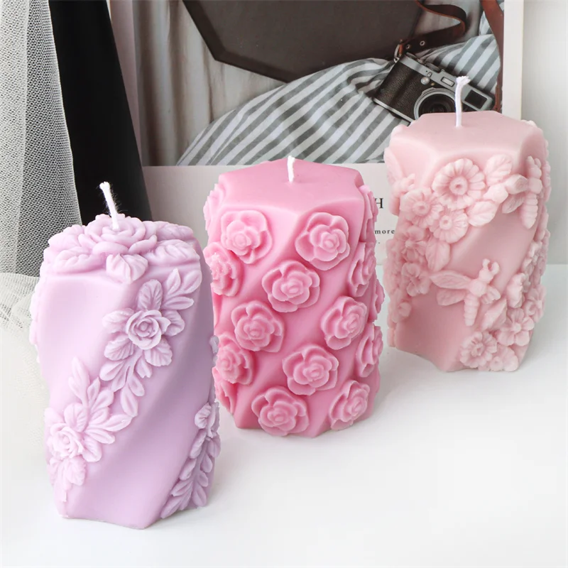 3D Relief Bees Cylindrical Floral Pillar Candle Silicone Mold DIY Geometric Twisted Leafed Rose Twisted Column DIY Gift Decor