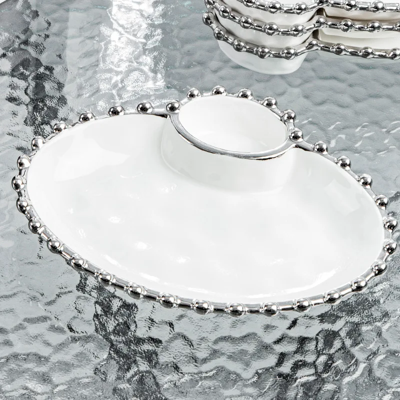 New Creative Silver Edged Dumpling Plate with Vinegar Dish Household Ceramic Divided Plate High Grade Ins Style