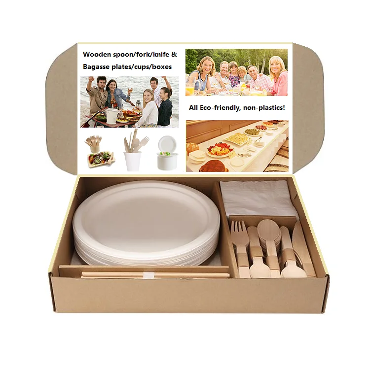25-people dinner set, disposable natural materials tableware bagasse plate and wooden cutlery set DDP US