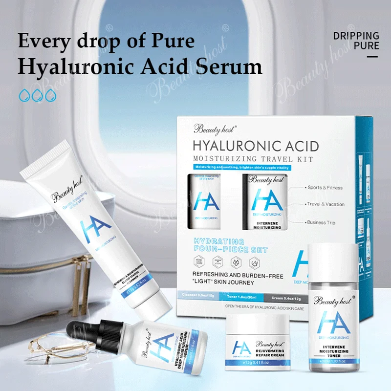 Hyaluronic Acid 4PCS Face Cleanser Toner Serum Cream Travel Kit Sodium Hyaluronate Face Care Skin Care Set