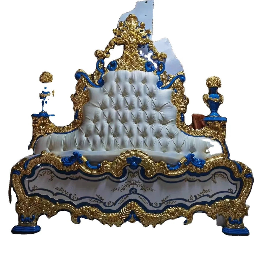 2023 Handmade Baroque Luxury Bedroom Set Classic Italian Villa Wood Carving French Design Blue Cream Bed for Hotel Home Use