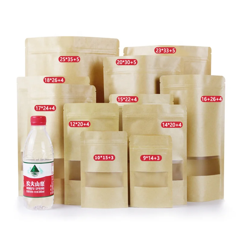 Customizable Manufacturer food grade Stand up kraft paper bag with clear window and zipper for food flour nut tea spices