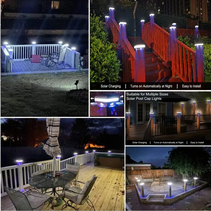 Solar post cap light white black body 300lumen  long time autonomy white +blue solar garden light deck patio light