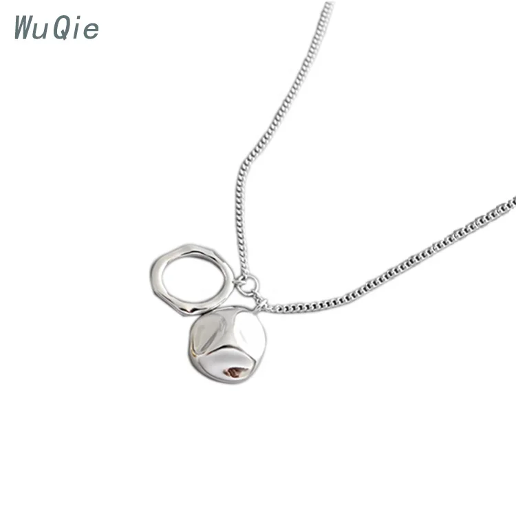 Wuqie S925 Sterling Silver Choker Gold Plated Irregular Round Chain Geometric Ring Pendant Necklace