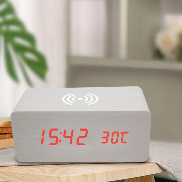 LED digital display wood alarm clock electronic desktop home mobile phone wireless charging clock