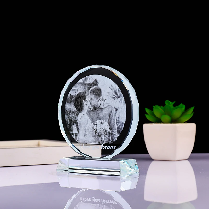 Personalized Round Crystal Photo Frame 2D Laser Engraved Glass Pictures Gifts for Wedding Anniversary Birthday