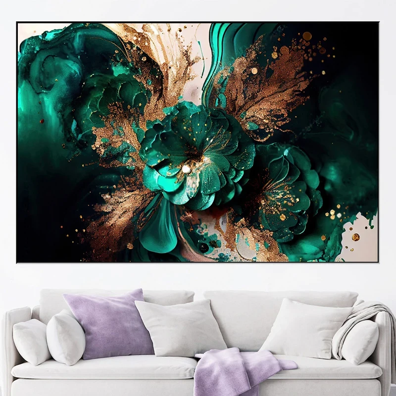 Floral with abstract green white flowers Canvas wall art Gold foil floral poster living room decorative painting