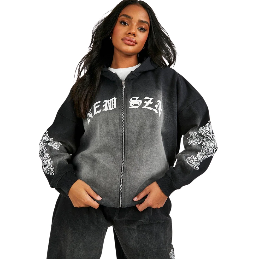 Custom Acid Wash Two Piece Set Faded Vintage Jogging Tracksuit Zip Hoodie Straight Leg Flared Sweatpants Adult Size Air