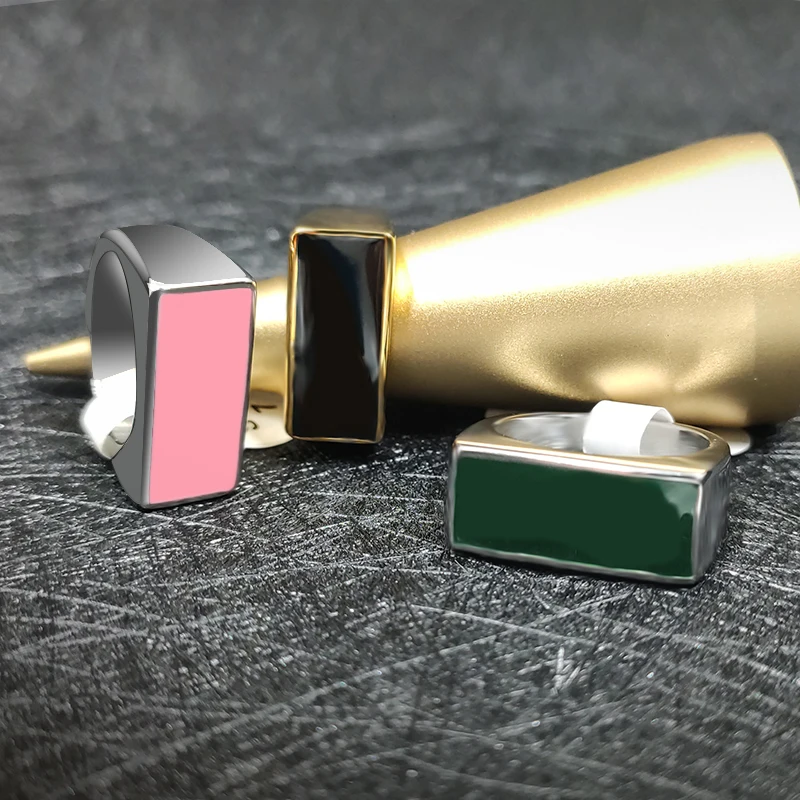 
Dr. Jewelry 316L Stainless Steel 18K Gold Rectangle Shape Pink Green Enamel Custom Swoosh ODM Mens Rings 