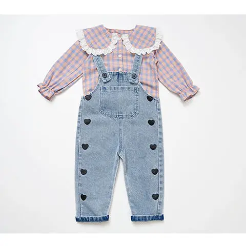 New Kids Girls Fall Spring Clothing Lovely Plaid Shirts Suspender Jeans Baby Sets Clothes Korean Style Wholesale