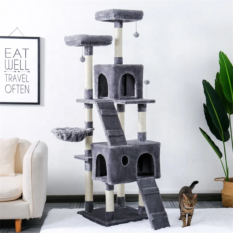 US Warehouse Multi-level Cat Climbing Tree Large Cat House Sisal Scratching Post Grey