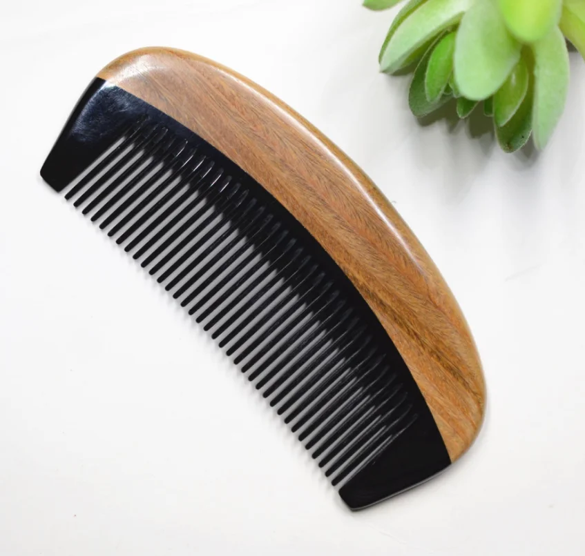 Custom Green Sandalwood Laser Beard Comb Wholesale Portable Pocket Ox Horn Wooden Hair Comb