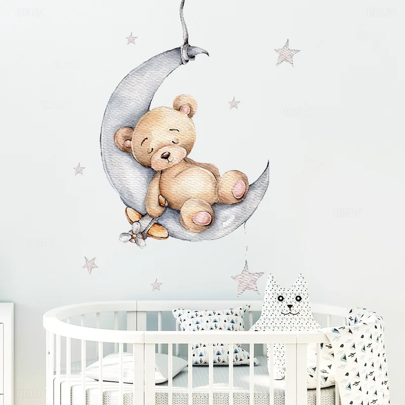 Wholesale custom pvc tiles waterproof Teddy Bear Sleeping on the Moon and Starwall stickers for home decoration kids room