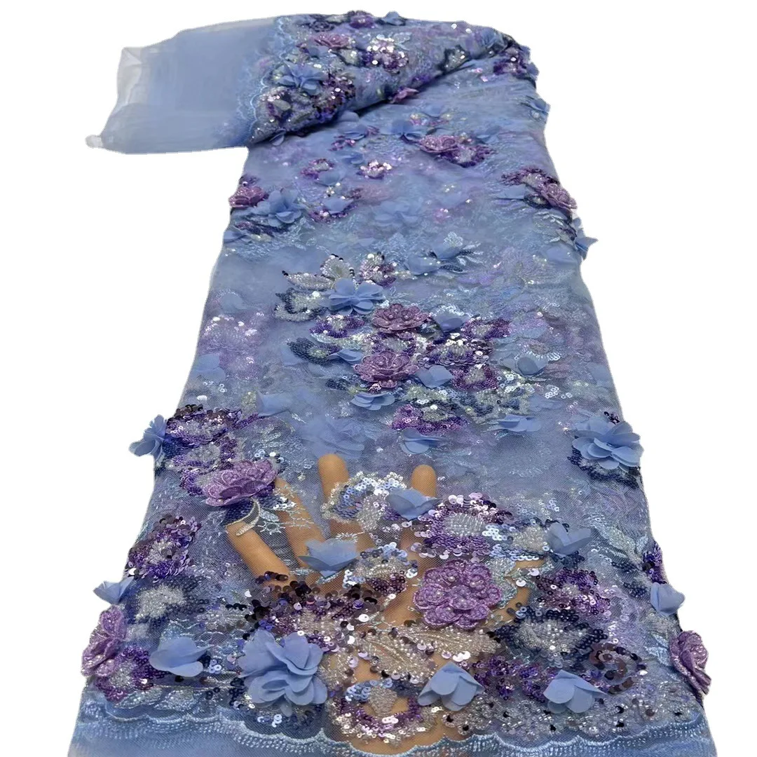 Flower Beaded Sequins Embroidery Lace Fabric for Wedding Dress Evening Dress LS676 Fashion High-end European and American 3D