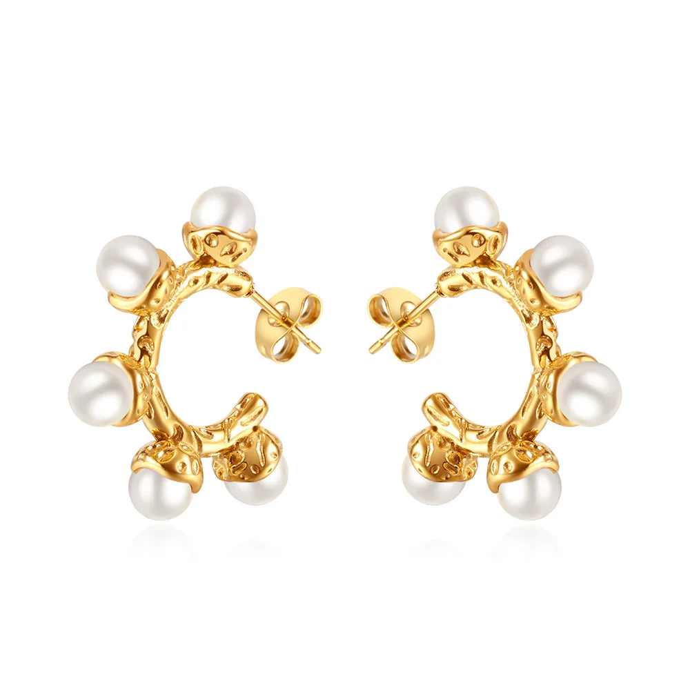 round gold-plated stainless steel korean fashion jewelry women bridal pearl hoop earrings for wedding