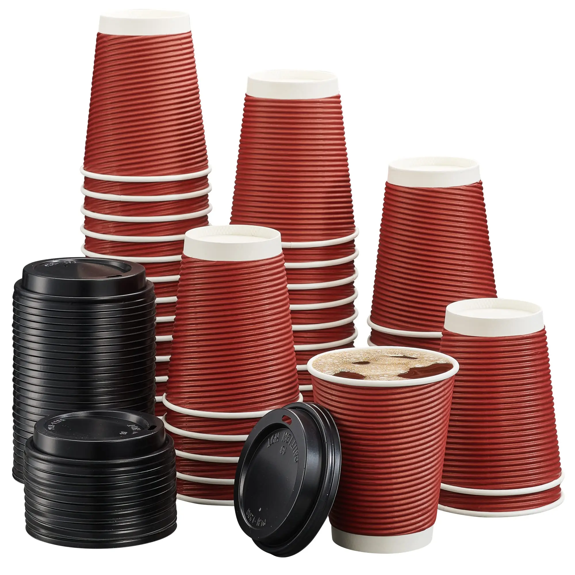 16 Oz Insulated Hot Drink Papercups Burgundy Rippled Easy Grip Disposable Coffee Cups with Lids