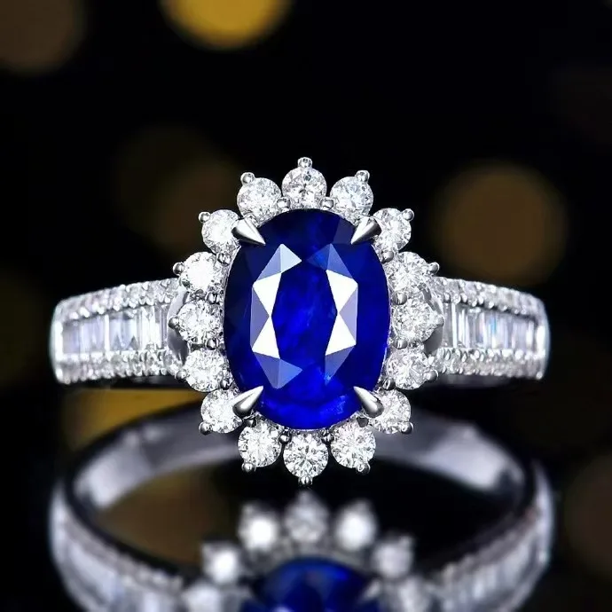 SGARIT Trendy Jewelry Royal Blue Sapphire Stone Ring 18K White Gold 2.39CT Natural Genuine Sapphire Gemstone Women Wedding Ring