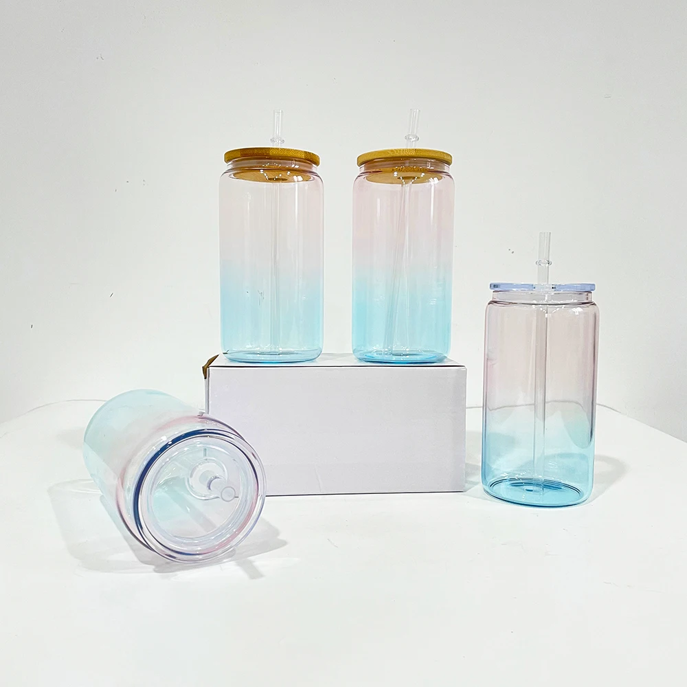 USA warehouse blank sublimation ombre jelly crystal ocean 16oz Beer Can Glass Cups with clear straws for UV DTF wraps