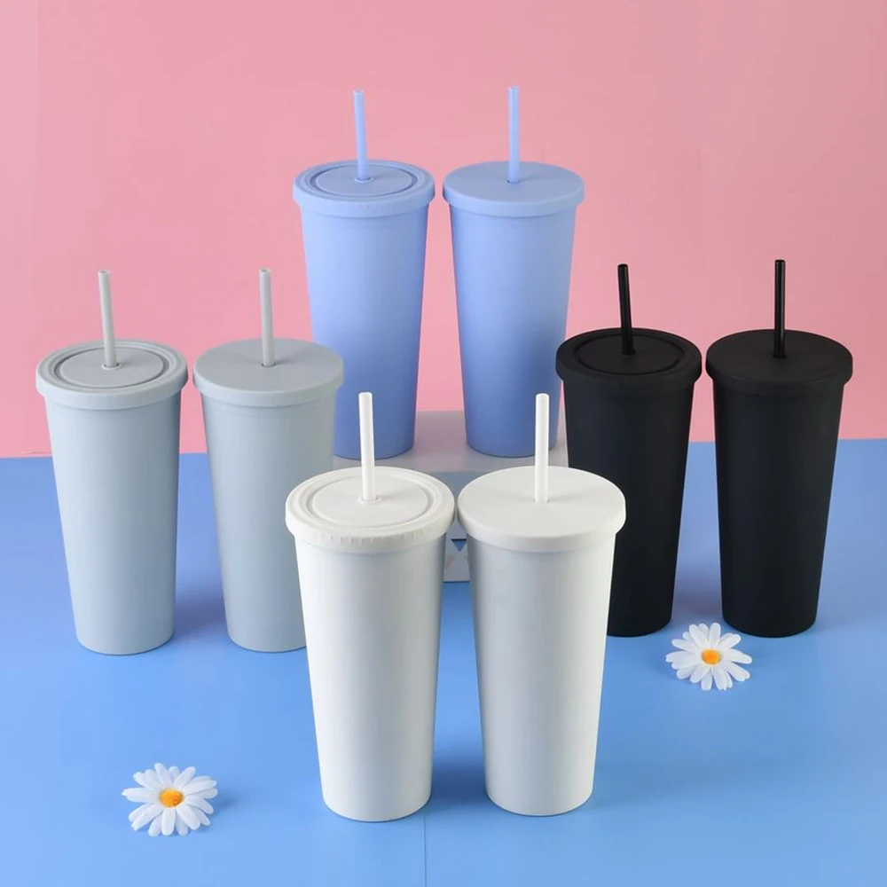 Water Bottle Eco 24oz Skinny Tumbler Double Wall Plastic Tumbler Pastel Colored Acrylic Cups with Lids and Straws