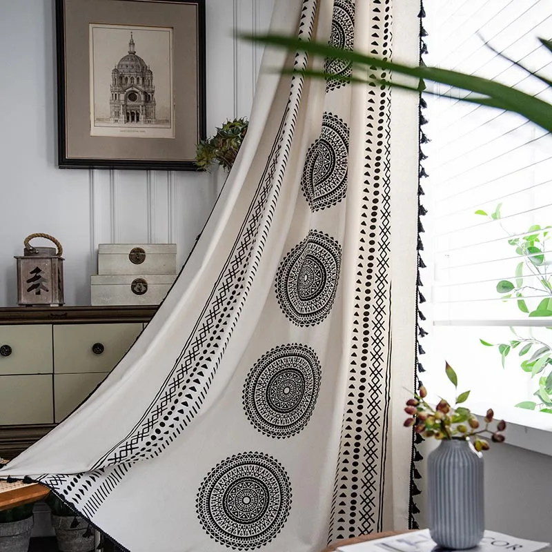 Semi-Blackout Window Curtains Farmhouse Style Cotton Linen Darkening Curtains with Tassel Rod Pocket Window Drapes